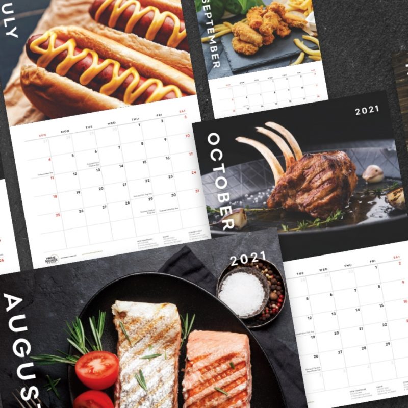 July - hot dogs with mustard, August - grilled salmon, September - chicken fingers with fries, October - grilled lamb with garlic